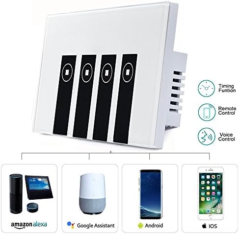 Smart Light Switch, HOSYO 4 Switches Touch In-wall Wireless Plate Switch Compatible with Amazon Alexa, Remote Control Your Fixtures From Anywhere, Timing Function, Overload Protection, No Hub Required
