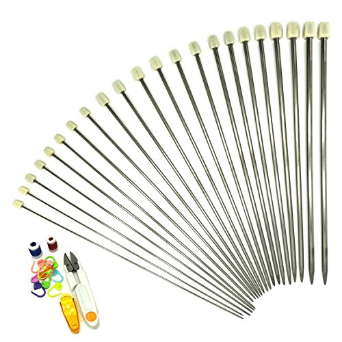 Wartoon 25cm Stainless Steel Hollow Single Pointed Knitting Needle Sweater Staight Needle in Different Sizes(11pirs,22pcs,10 inches Length) with Row Counter Plastic Locking Stitch Makers Scissors