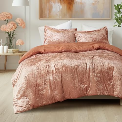 Comfort Spaces Luxe King Comforter Set Velvet Comforters for King Size Bed, Microfiber Reverse, Juliette, All Season Velvet Bedding King Size, Fluffy Bed Set, Sham, King, Burnt Orange 3 Piece