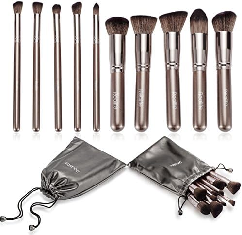 Realife 10Pcs Makeup Brushes Set Kabuki Foundation Kits with Cases Brown