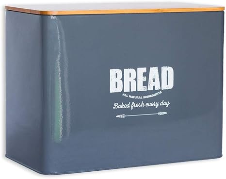 Vintage Bread Box Metal With Bamboo Lid Traditional Farmhouse