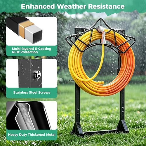 Garden Hose Holder Holds 160Ft Hoses, Heavy-Duty Freestanding Water Hose Stand with 2 Tool Hooks, Rustproof Hose Rack with 4 Spikes Hose Hanger Storage for Outside, Yard, Lawn