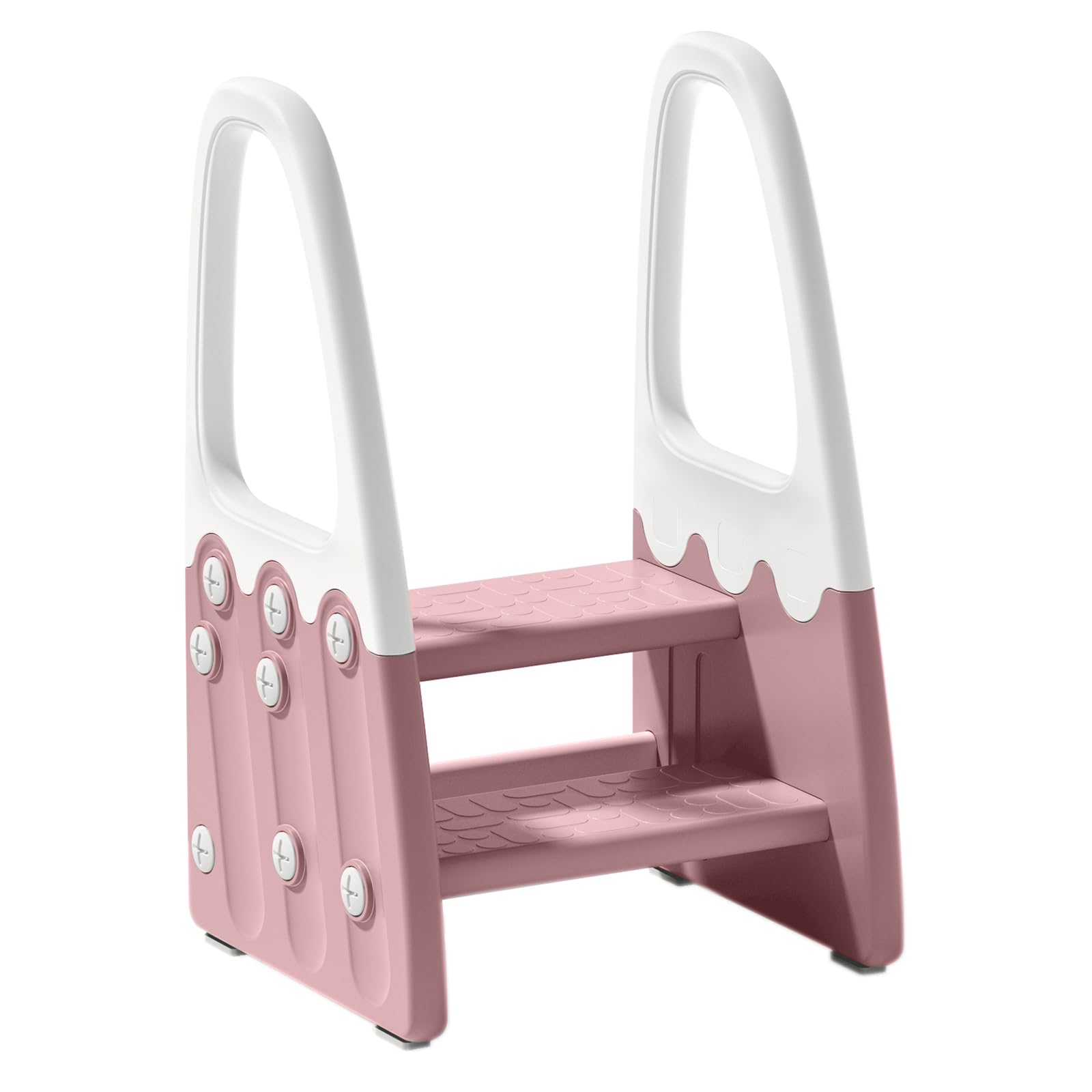 Photo 1 of Two Step Stool with Handrails for Toddler and Kids, Standing Learning Stool Tower for Bathroom Sink, Potty Training, Children Step Up Learning Helper with Handles (Pink-White)