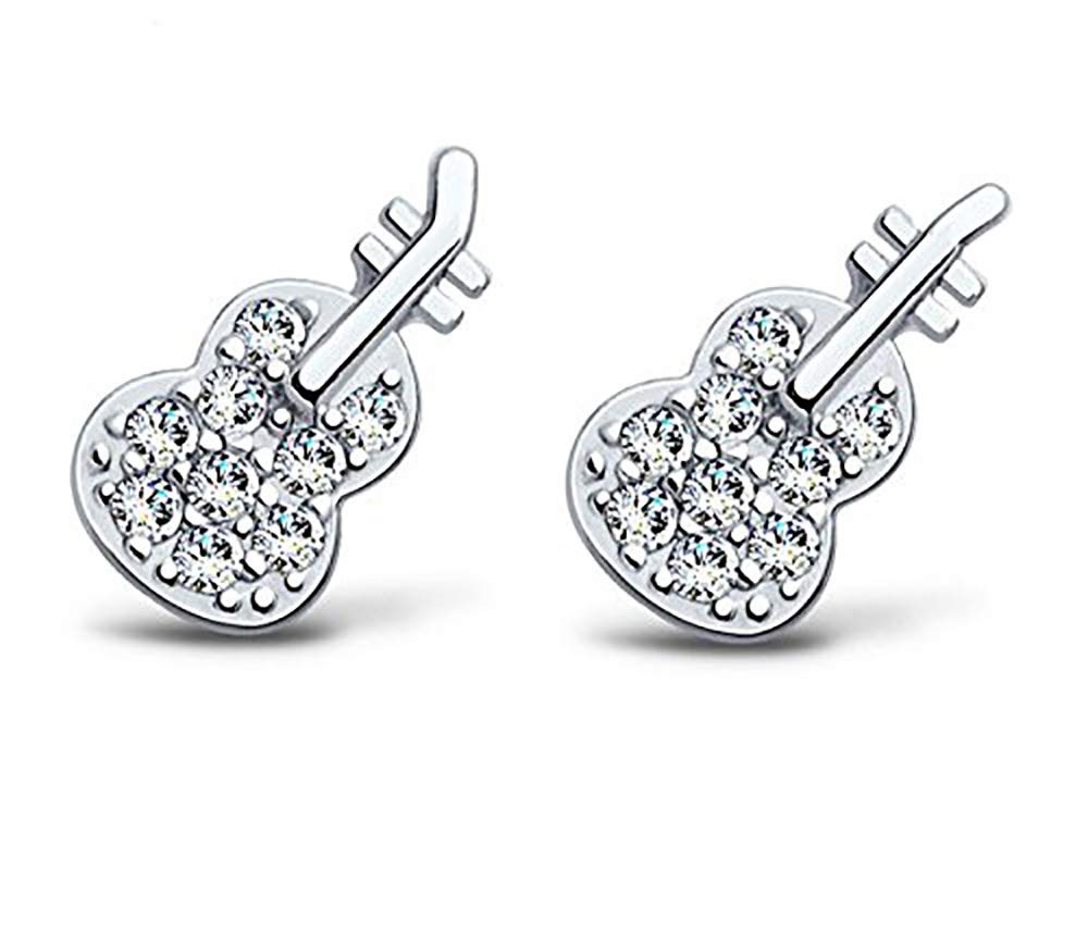 Kaguyo Elegant Silver Earrings for Women - 925 Sterling Silver Zirconia Shine Playful Music Violin Stud Earrings for Women and Girls - Birthday Gift Jewellery