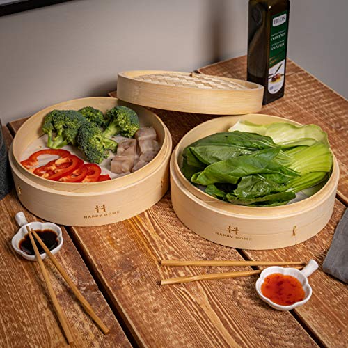 Bamboo-Steamer-Basket-10-Inch-2-Tier-Steam-cooker-for-dim-sum-dumplings-bao-bun-rice-fish-vegetable-handmade-kitchen-cookware-for-steaming-Chinese-Thai-Korean-Asian-and-Global-healthy-food