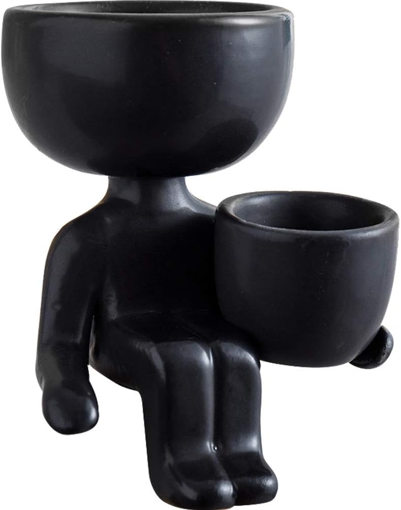 MOCOHANA Indoor Outdoor Head Planter Pot Ceramic Succulent Planter Vase Human Face Planter Urn Home Garden Decor Sculpture, Black