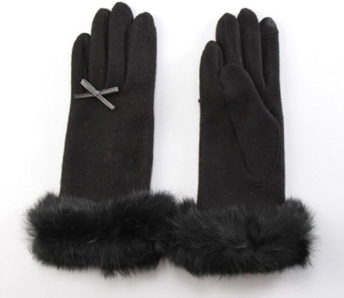 Amazon レディース ラビットファー付きジャージー手袋 細リボン付き ブラック 手袋 通販