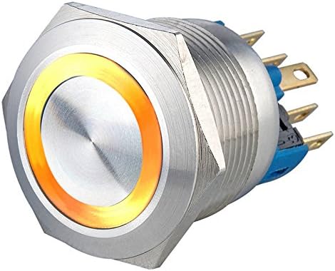 LANGIR 22mm Flat Head Stainless Steel 1NO1NC Momentary LED Ring Illuminated Push Button Switch With Pin Terminal Waterproof IP65 Suitable for 22mm Mounting Hole (110V, Yellow)