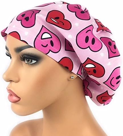 DK Scrub Hats Women’s Adjustable Bouffant Scrub Hat Ponytail Surgical Cap Pink Red Hearts