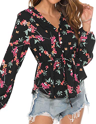 Floral Print Long Sleeves V Neck Chiffon Slim Shirt Tunic Tops Blouse for Women Black