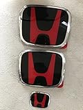 Exotic Store Brand New Set of 3 Pieces Modified H Grille Front+Rear+steering wheel Emblem For 2006-2015 Honda JDM RED CIVIC 4-door. SEDAN Emblems Red Black