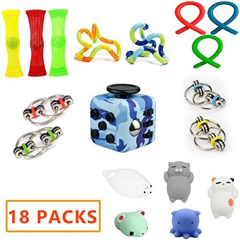18 Pack Bundle Sensory Toys Set-Fidget Bike Chain/Camouflage rubik's Cube/Mochi Squishies/Mesh And Marble Sensory Toys/Stretch Strings/ Twisted toys Value Assortment-Stress Relax Toys for ADD/ADHD Ch