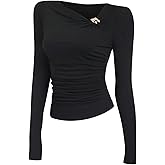 SHENHE Women's Asymmetrical Neck Ruched T Shirts Casual Long Sleeve Fitted Tee Tops