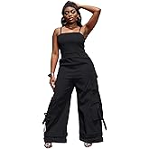 Tbahhir Women Casual Cargo Jumpsuits Sleeveless Strap High Waisted Jumpsuit Wide Leg Romper with Pockets Party Club