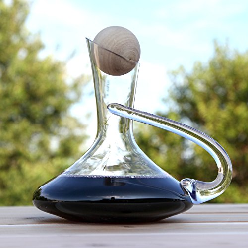 Glass Wine Decanter with Handle and Wooden Ball Stopper. By Lily's
