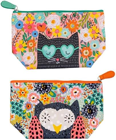 2 Vinyl Zipper Pouch Bags Set | Waterproof Lining | Floral Vintage Print with Charming Cat and Quirky Owl