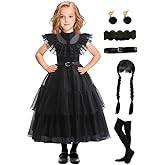EOILFM Halloween Black Gothic Dress Costume Cosplay Girls Dress Up Outfit with Belt Party Show for Kids