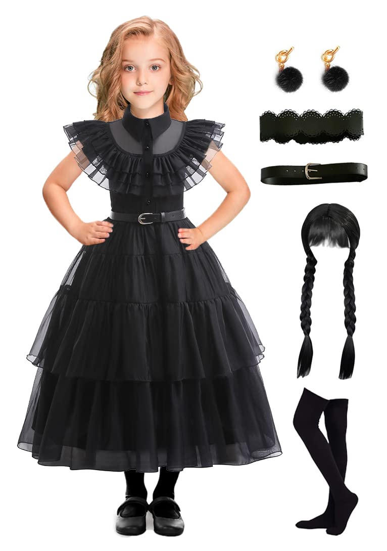Photo 1 of EOILFM Halloween Black Gothic Dress Costume Cosplay Girls Dress Up Outfit with Belt Party Show for Kids