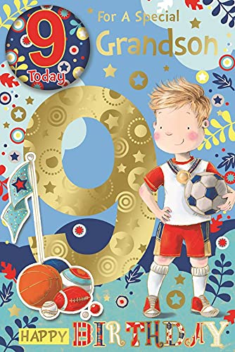 Grandson 9th Birthday Card & Badge - Gold Foil 9 & Boy with Football 9" x 6"