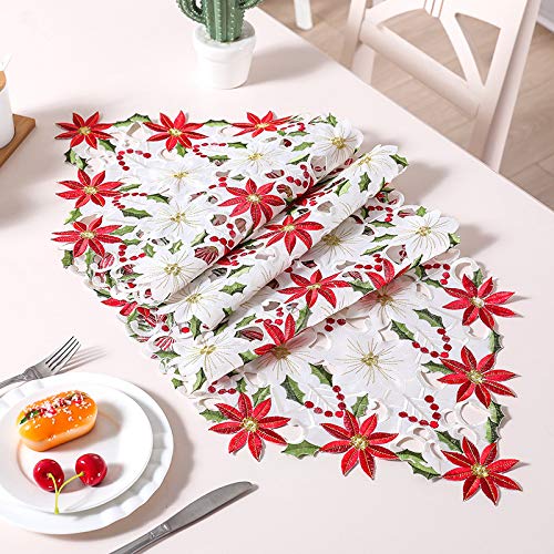KAHEIGN 38CM x 176CM Christmas Table Runners, 2 Sides Cotton Linen Embroidered Table Runner Poinsettia and Holly Leaf Table Linens for Wedding Table Decoration Xmas Decorations