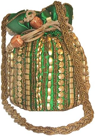 Traditional Satin Beaded Potli Bag for Women (Green)