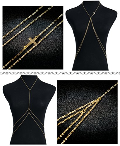 Masedy 4Pcs 18K Gold-Plated Sexy Crossover Body Belly Chains Necklace Bikini Beach Body Jewelry Gold