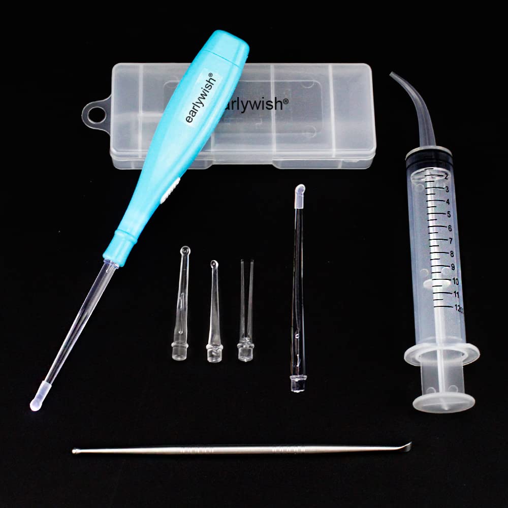 Earlywish Upgraded 6.75" Long LED Lighted Tonsil Stone Removing Tool Blue Color, 5 Tips, Case + 1 Stainless Steel Tonsillolith Pick + 1 Irrigation Syringe