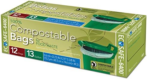 Compost Bags Green Tall Kitchen 13 Gallon Flat Cut Top Garbage Bags 12 Count - EcoSafe (No Twist Ties Added)