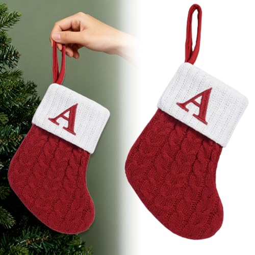 Alphabet Decorations Stockings, Christmas Stockings with Embroidered Initial Letter, Cable Knit Red Xmas Stockings with White Cuffs, Hanging Decor for Home, Family, Fireplace, Xmas Holiday (A)