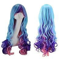 Topwigy Cosplay Wigs Rainbow Long Costume Curly Wave Ombre Colorful Hair Mermaid Wigs with Bangs Unicorn Bright Blue Wigs 32" (Multi-Color)