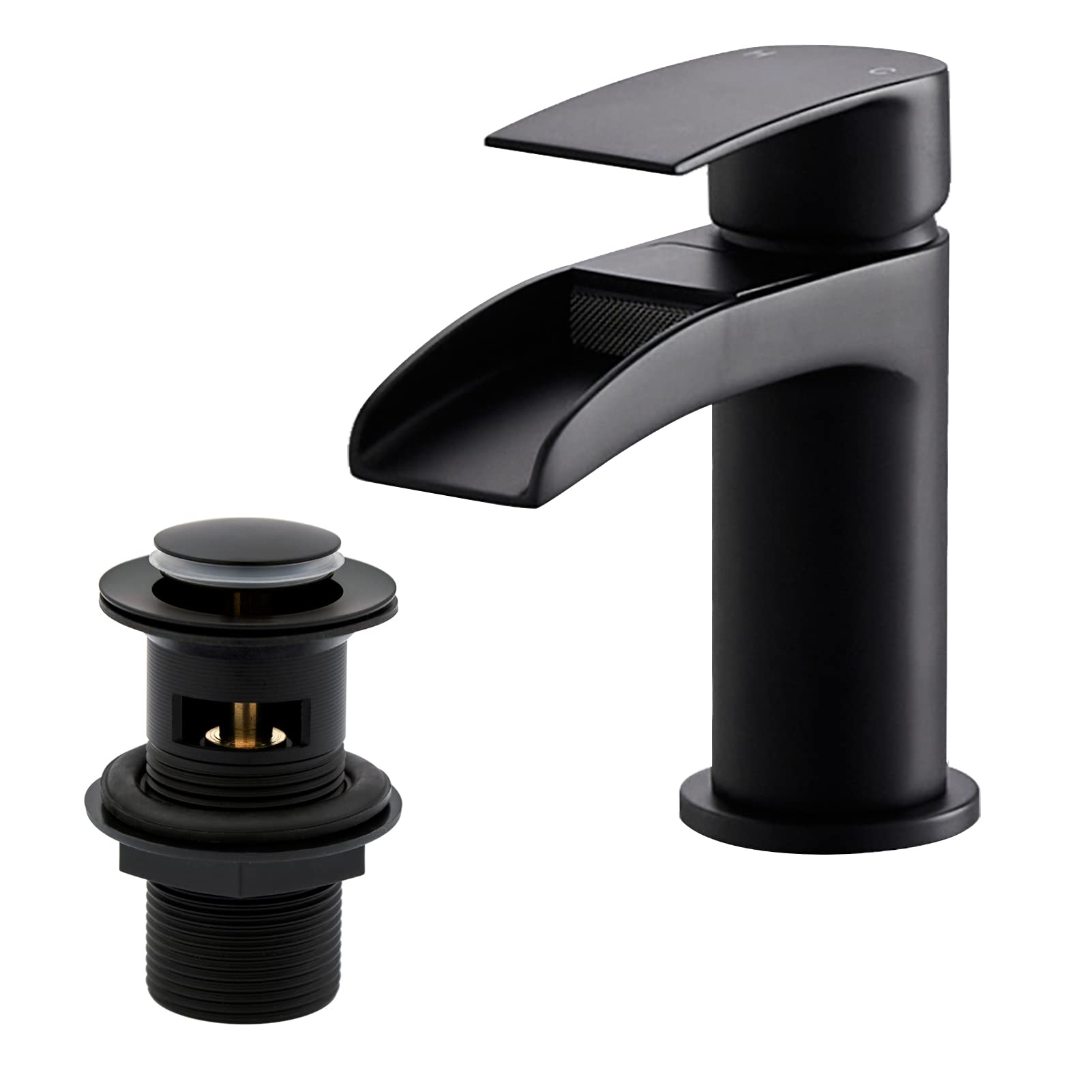 Matte Black Basin Taps with Pop Up Waste, BATHWEST Waterfall Basin Tap with Drain, Monobloc Black Brass Bathroom Sink Taps with Sink Plug 112NBK — image 1