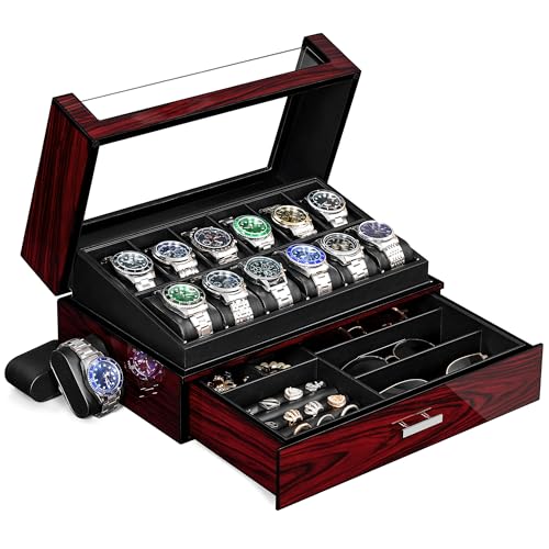 ANWBROAD Watch Box for Men 12 Slots Watch Case with Glass Lid 2 Layers Paint Watch Holder Jewelry and Watch Storage Faux Leather Lining Elegant Present or Men Women UJWB005Y