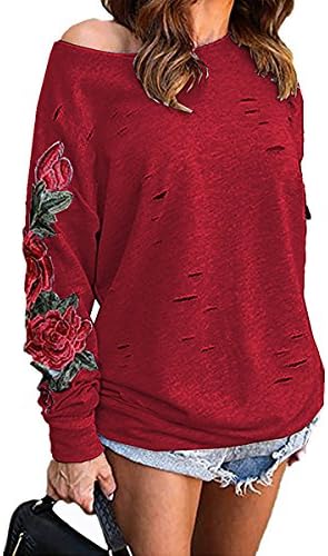 QiuLan Women Ladies One Shoulder Embroidered Rose Floral Stylish T-Shirt Long Sleeve Sweatshirt Tops Blouse Hoodie (Small,Red)