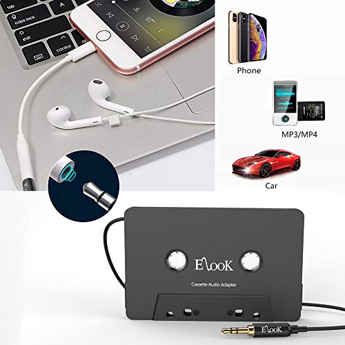 Elook Car Cassette Aux Adapter Kit, with A Smartphone to 3.5 mm Headphone Jack Adapter for Car, iPhone, MP3 ect. Black