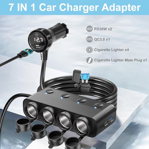 Qidoe 4 x Car Cigarette Lighter Charger Socket Adapter 300W Dual PD 30W and QC 3.0 12V-24V Car USB Socket with Independent Switch and LED Voltmeter for All Car Devices