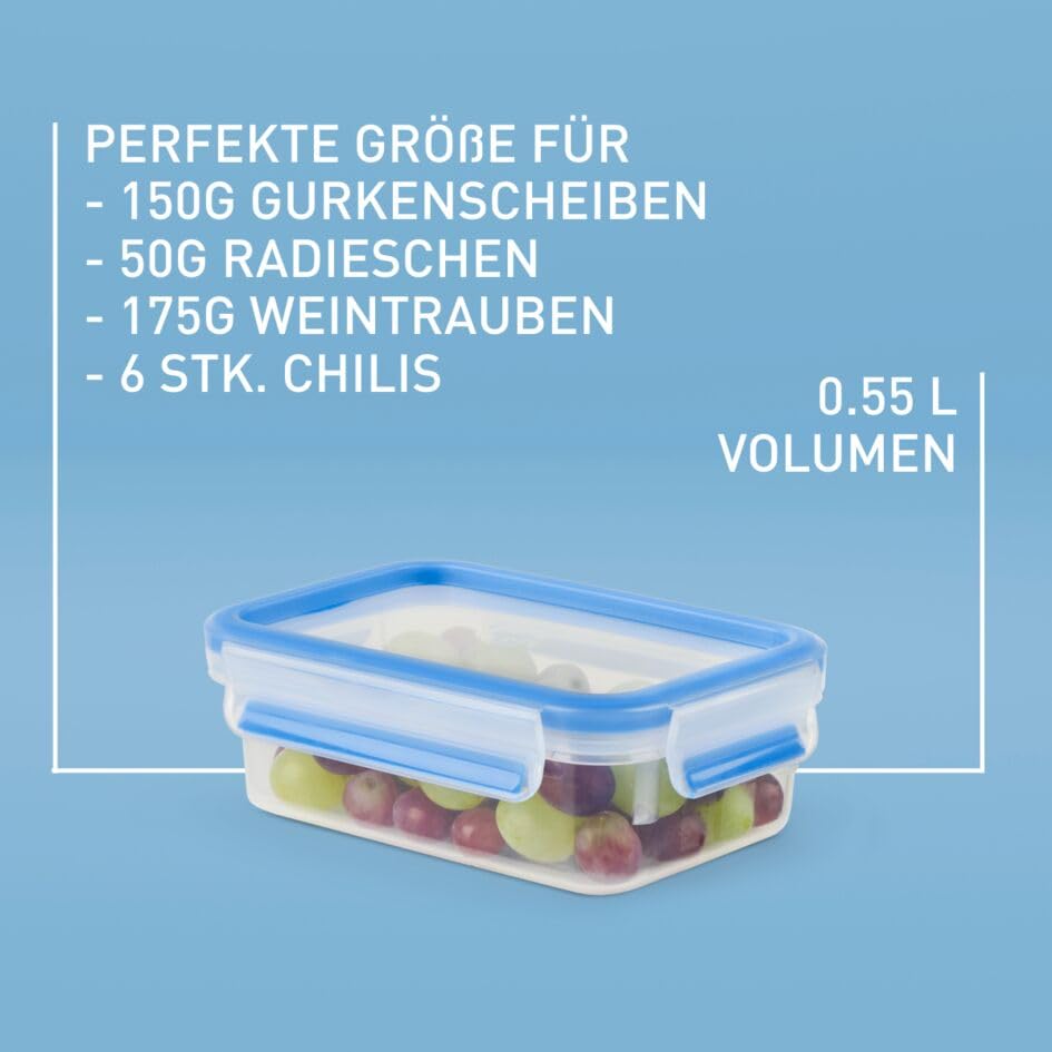 EMSA Clip & Close Frischhaltedosen-Set, rechteckig, 3 x 0,55 L, Aufbewahrungsboxen, 100 Prozent dicht, spülmaschinen-, gefrier-, mikrowellenfest, Transparent, Blau, Made in Germany, N10312 3