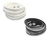 Jwoolw Jewelry 2 PCS Unisex Premium Crystal Rhinestone Multilayer Bangle Bracelet Leather Velvet Lining Wrap Wristband (Black+White)