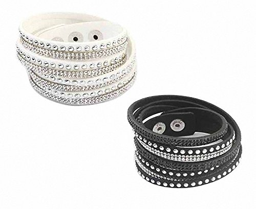 Jwoolw Jewelry 2 PCS Unisex Premium Crystal Rhinestone Multilayer Bangle Bracelet Leather Velvet Lining Wrap Wristband (Black+White)