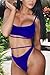 QINSEN Womens High Cut 2pcs Swimsuit Scoop Neck Cropp Top Cutout Strappy Thong Bikini Suit Sapphire Blue M