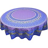 68" Round Olives Blue Cotton Coated Provence Tablecloth by Le Cluny