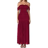 XinFSh Women's Off The Shoulder Maxi Formal Wedding Guest Dress Ruched Mesh Bodycon Long Cocktail Dresses