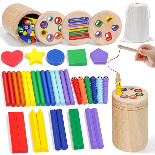 Joozmui Montessori Wooden Toys 1 2 3 Years, 4 in 1 Wooden Toys for Activities and Development Montessori Educational Games Children 1 2 3 Years Sensory Toys 1+ Year