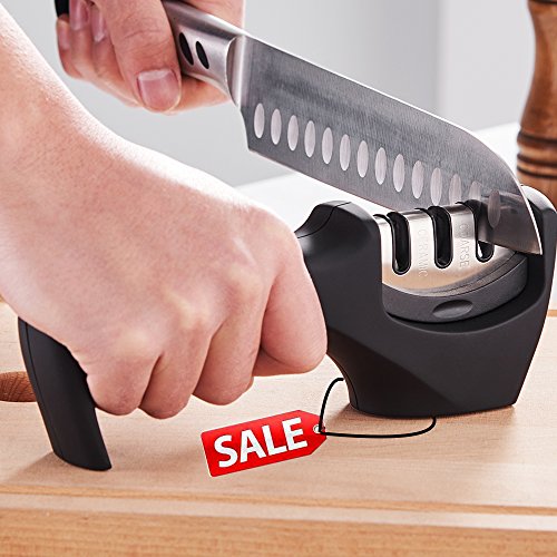Hoimpro Kitchen Knife Sharpener - 3-Stage Diamond Knife Sharpening Tool Ceramic, Straight, Fruit, Pocket, Boning, Folding and Chef Knives (Safe and Portable), Helps Repair, Restore and Polish Blades