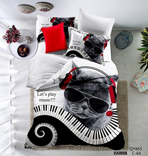 QzzieLife 3D Print Black Cat Hippie Style Soft Microfiber Duvet Cover Set Twin Size White