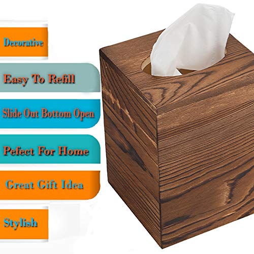 JOYOHOME Wooden Tissue Box Cover with Slide-Out Bottom Panel Square Farmhouse Tissue Box Holders Decorative Facial tissues Cube Box Holder for Bathroom, Bedroom, Dinner Table, Office. (Pine)