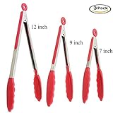 Silicone Kitchen Tong Set Of 3(7, 9, 12 Inch), NnxDeal Grill Serving Tong Salad Veggie BBQ Cooking Stainless Steel With Locking Clip,  FDA Approved Non-stick Skid-proof Heat Resistant(Cherry Red)
