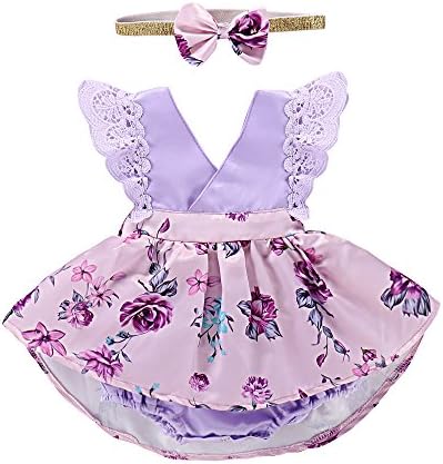 Toddler Baby Girl Floral Dress Lace Ruffle Sleeve Clothes Romper with Headband 2Pcs Outfit