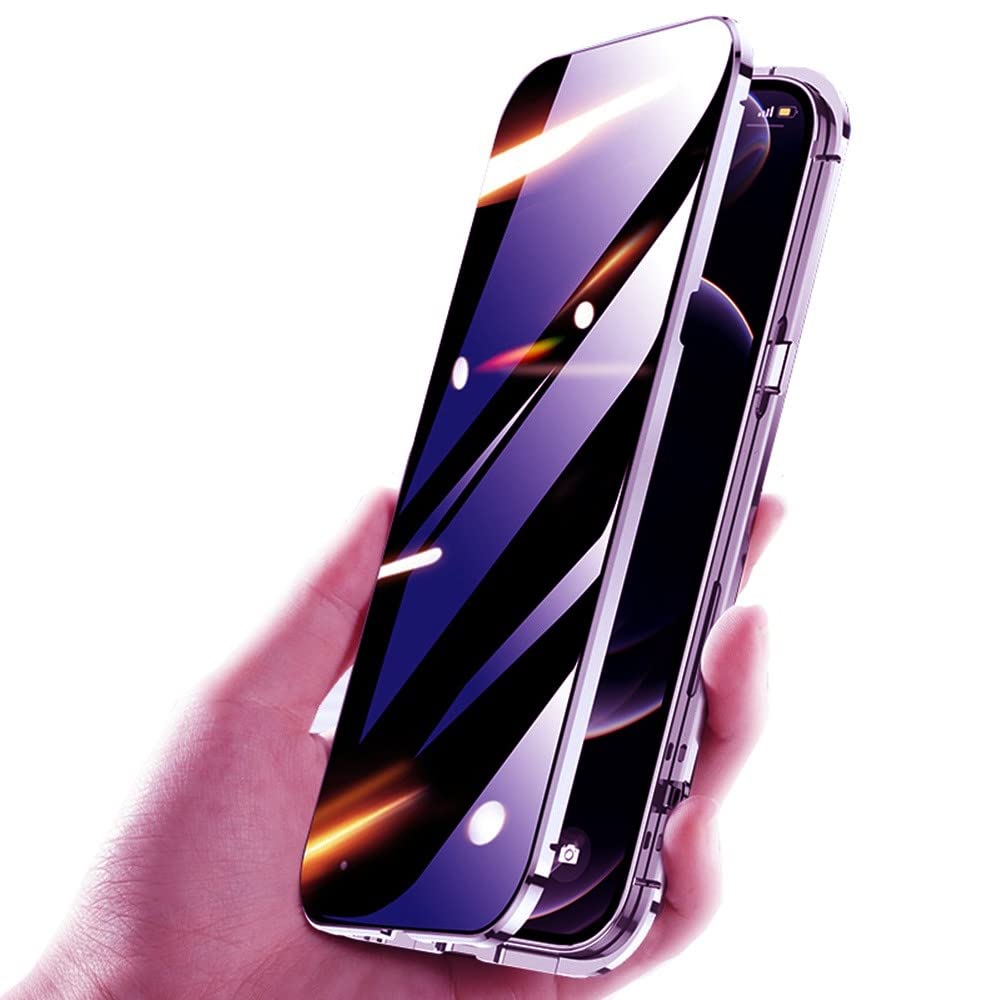 HENGHUI Lockable Anti Peeping Case for iPhone 14 Pro Magnetic Glass Case with Camera Lens Protector Privacy Screen Glass Protector Bumper Case Anti peep Cover with Lock (Dark Purple)