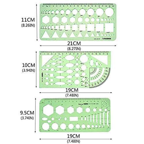 Kasmena 9 Pcs Plastic Geometric Drawings Stencils Measuring Templates Geometric Rulers for Office and School,Planner Painting Drawing,Clear Green Color - Thumbnail 2