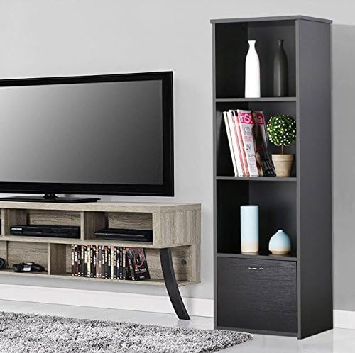 New Black Modern 3 Tier Corner Stand Shelf with 1 Cupboard Drawer Display Unit Storage Wood Rack Shelves Furniture Bookcase Bookshelf Cabinet Organizer Home Living Room Bedroom Decor
